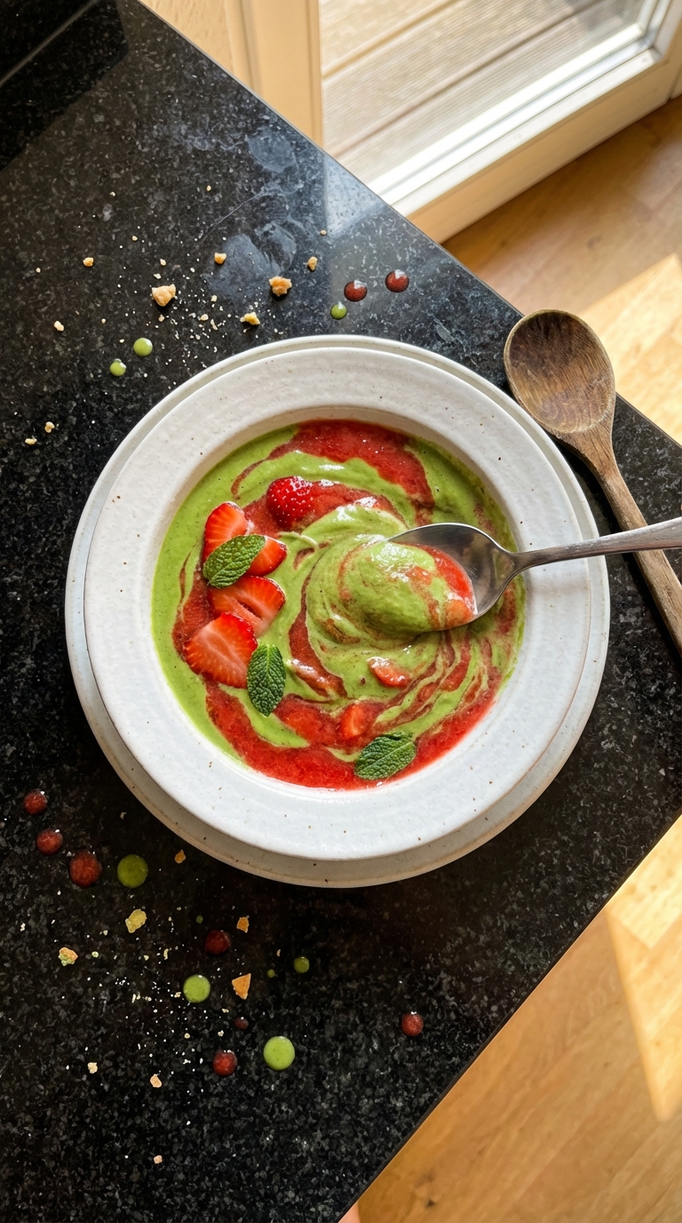 Gekühlte Matcha Erdbeer Suppe