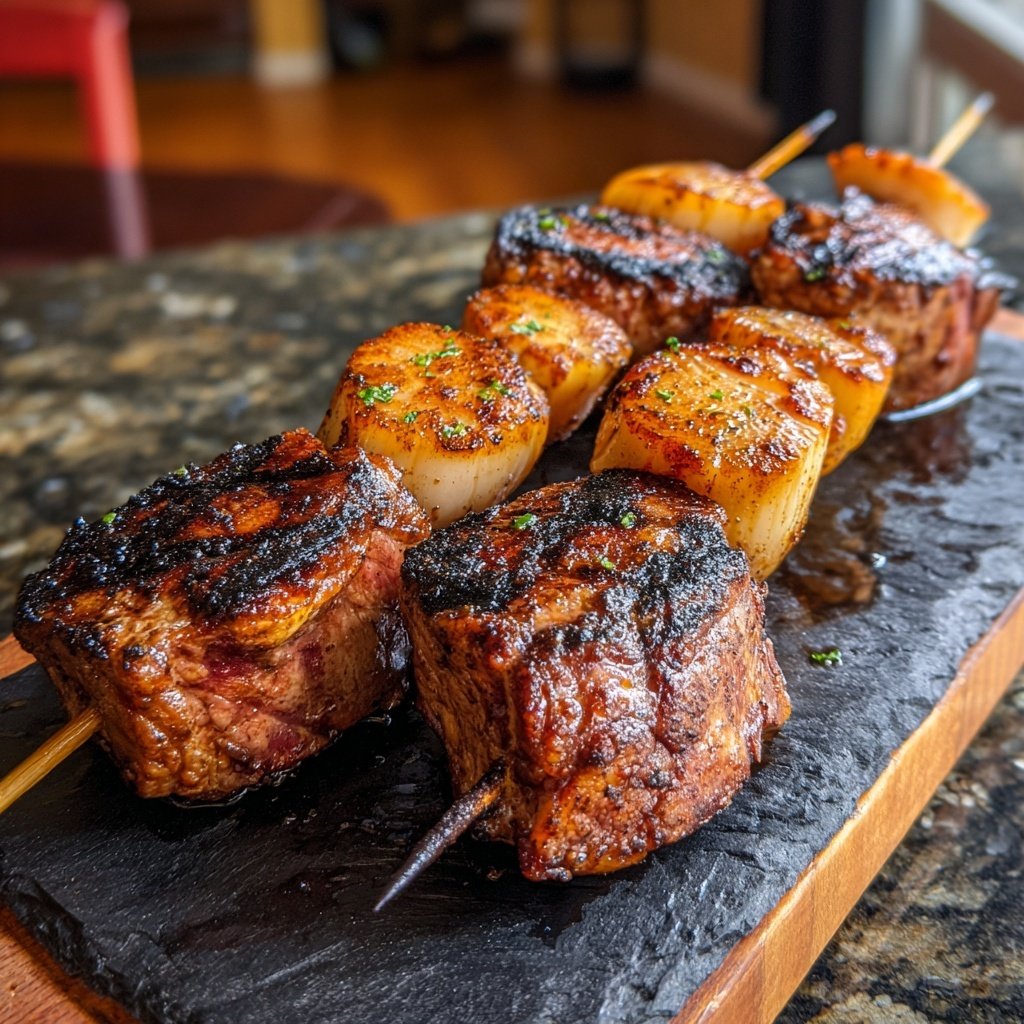 Gegrilltes Schweinefleisch mit Jakobsmuscheln