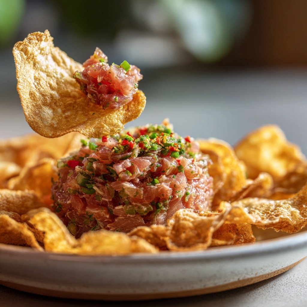 Scharfer Thunfisch Tatar auf Chips