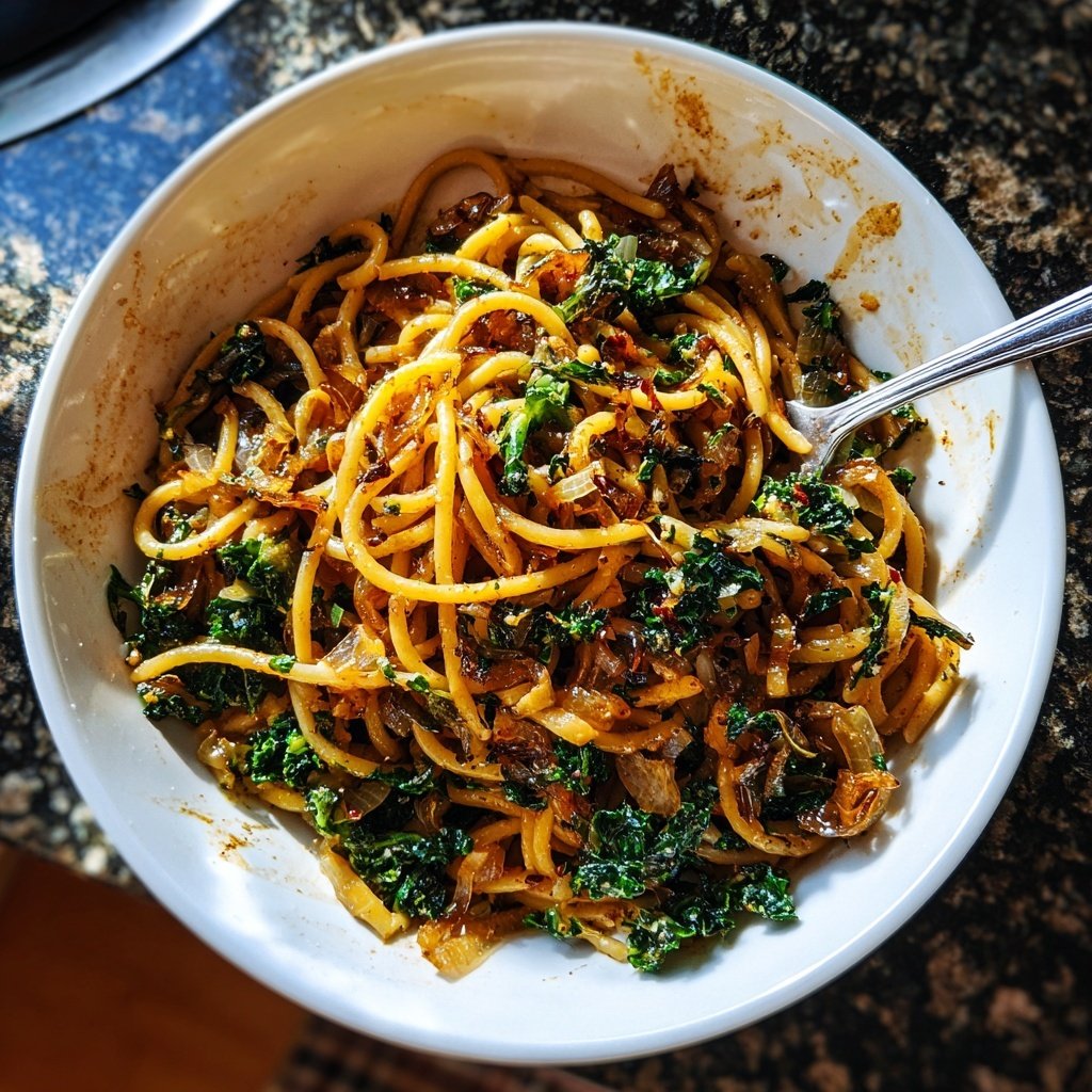 Karamellisierte Zwiebel-Grünkohl-Pasta