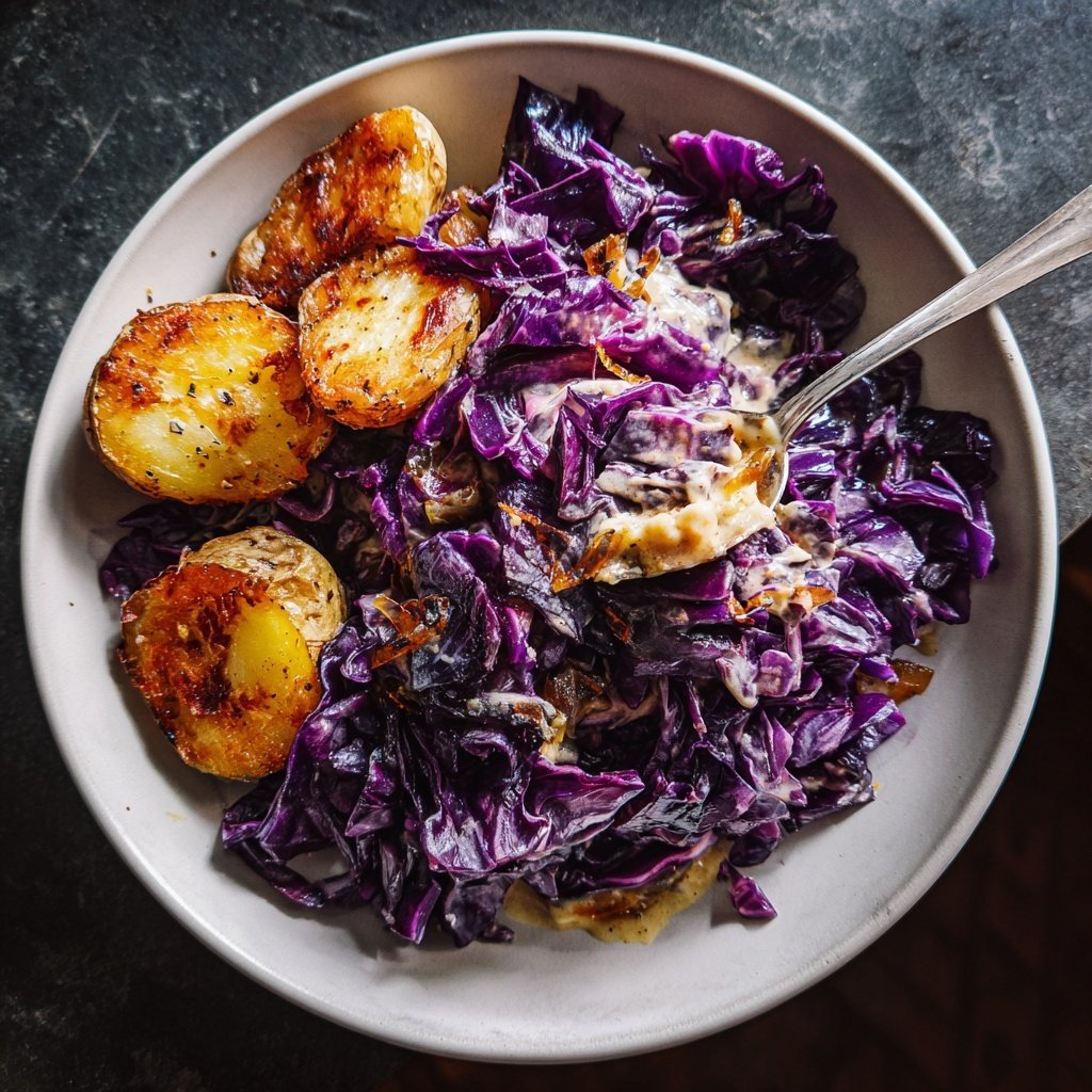 Rotkohl, Spekulatius-Soße und karamellisierte Kartoffeln