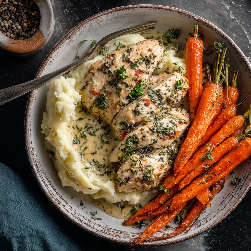 Cremiges Kräuterhühnchen mit Kartoffelpüree und gerösteten Karotten